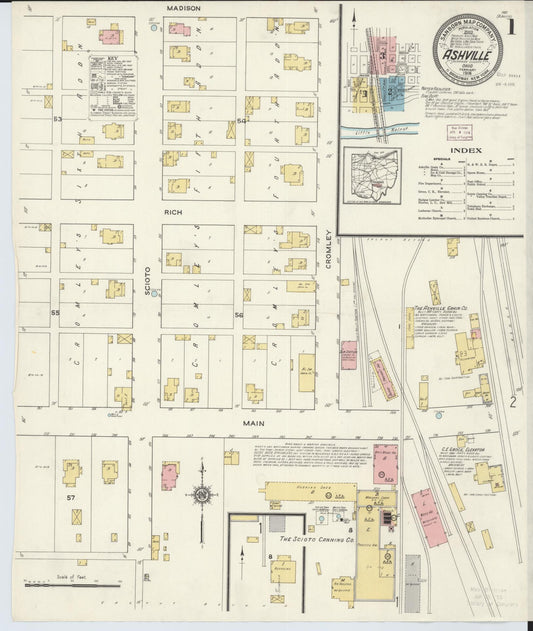 Sanborn Fire Insurance Map from Ashville, Pickaway County, Ohio (1916), Sheet #0001 - Historic Sanborn Fire Insurance Map Print, vintage old map wall art, antique decor, genealogy gift, Ohio Ohio map