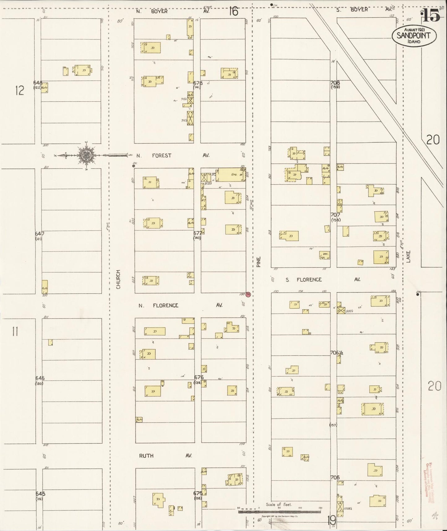 Sanborn Fire Insurance Map from Sandpoint, Bonner County, Idaho (1921), Sheet #0015 - Complete Map Set gallery image, historic Sanborn map, vintage wall art, Idaho Idaho