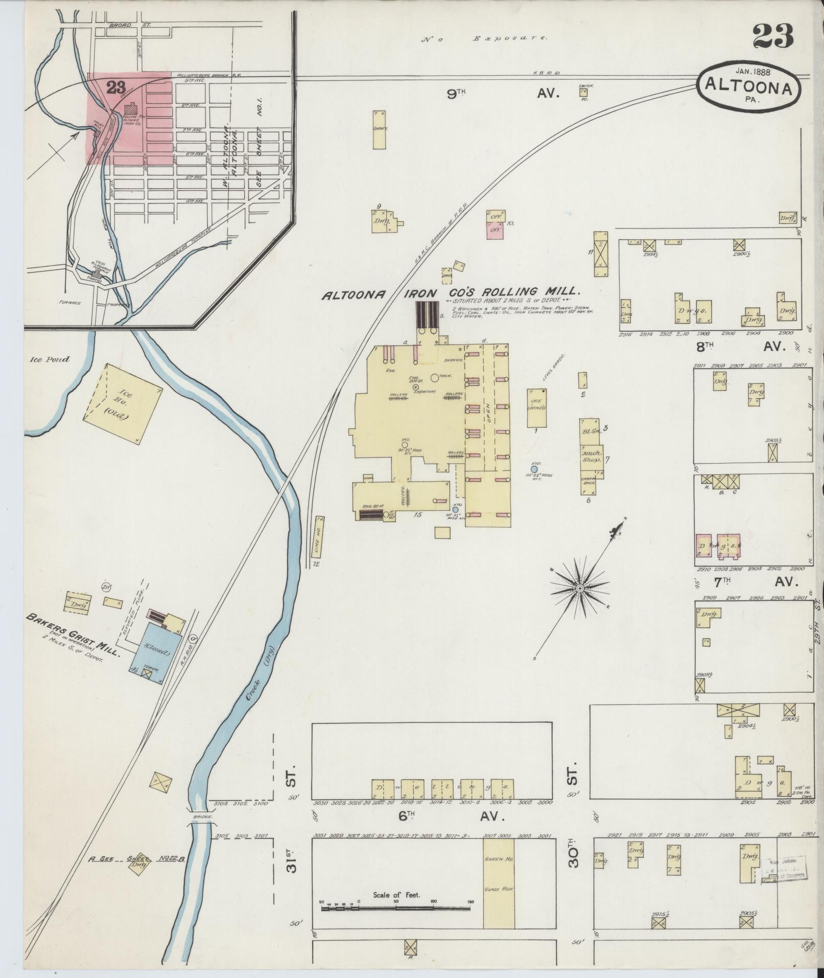 Sanborn Fire Insurance Map from Altoona, Blair County, Pennsylvania (1888), Sheet #0023 - Historic Sanborn Fire Insurance Map Print, vintage old map wall art, antique decor, genealogy gift, Pennsylvania Pennsylvania map