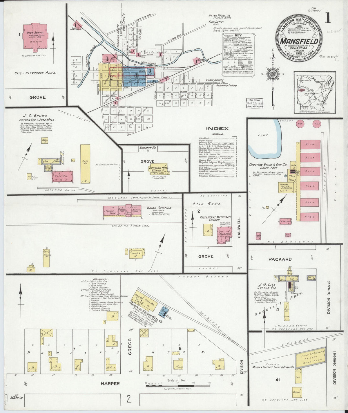Sanborn Fire Insurance Map from Mansfield, Sebastian And Scott Counties, Arkansas (1919), Sheet #0001 - Complete Map Set gallery image, historic Sanborn map, vintage wall art, Arkansas Arkansas