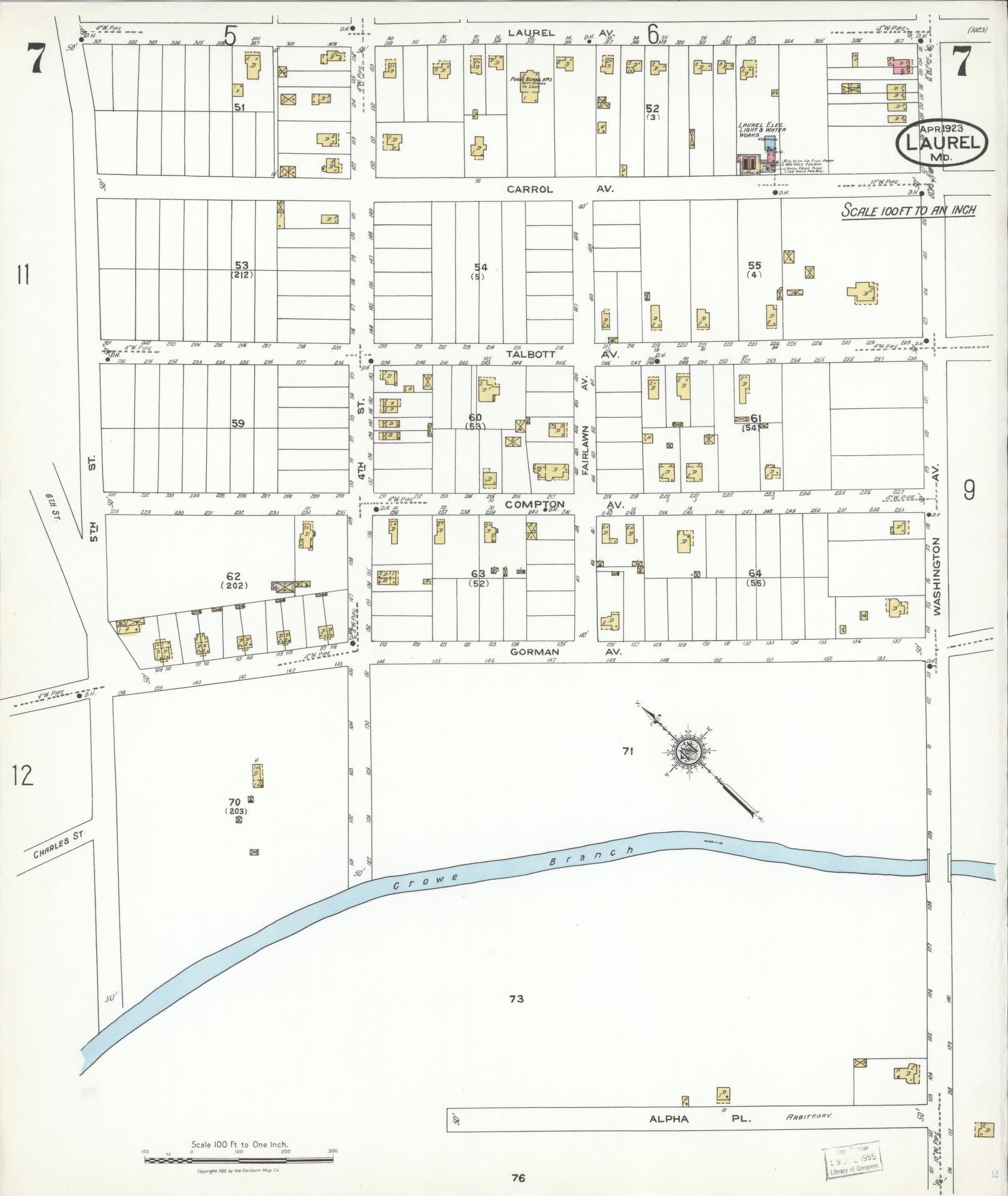 Sanborn Fire Insurance Map from Laurel, Prince Georges County, Maryland (1923), Sheet #0007 - Complete Map Set gallery image, historic Sanborn map, vintage wall art, Maryland Maryland