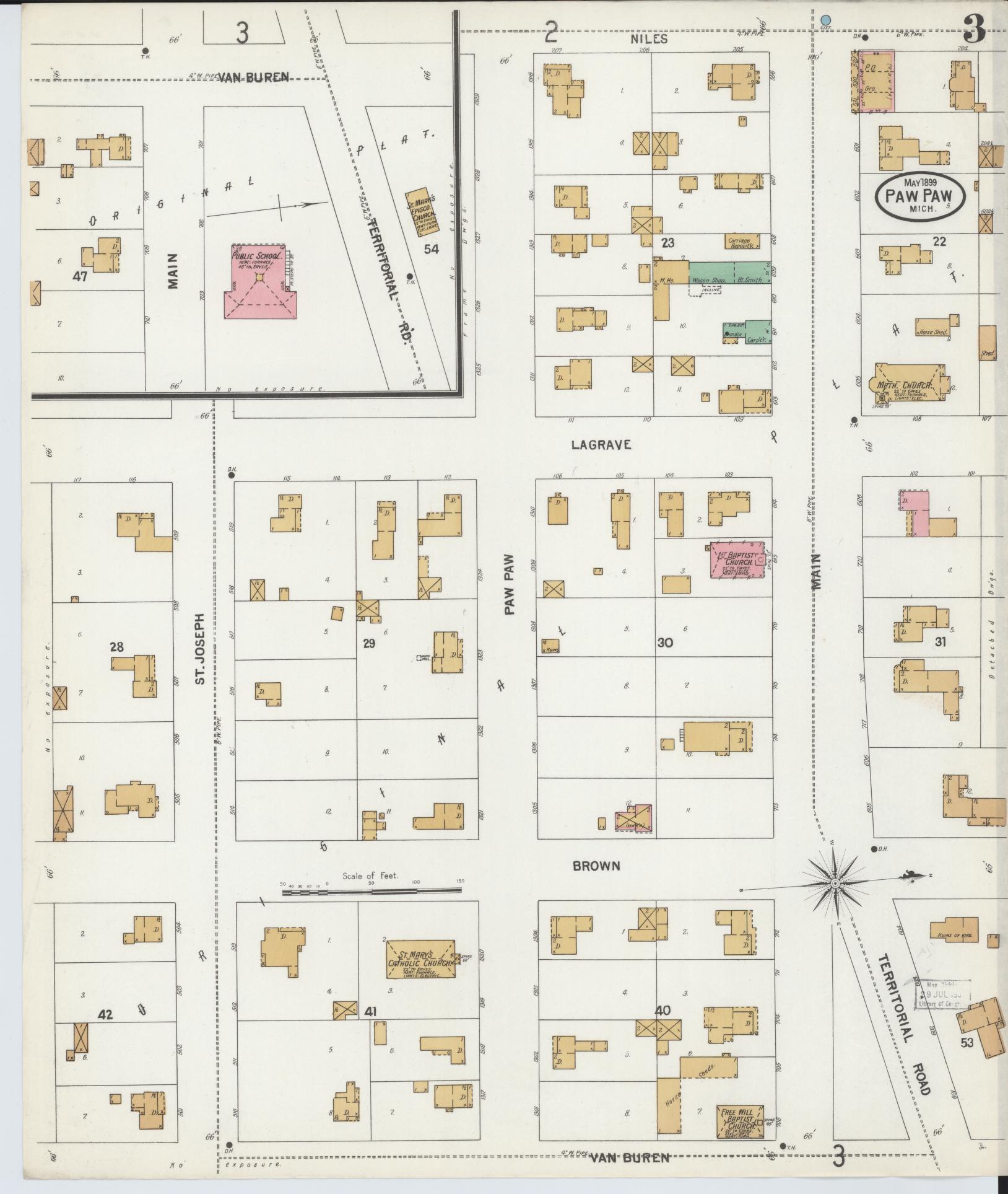 Sanborn Fire Insurance Map from Paw Paw, Van Buren County, Michigan (1899), Sheet #0003 - Complete Map Set gallery image, historic Sanborn map, vintage wall art, Michigan Michigan