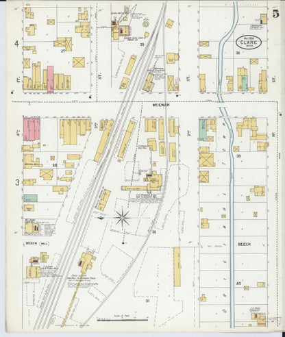 Sanborn Fire Insurance Map from Clare, Clare County, Michigan (1899), Sheet #0005 - Historic Sanborn Fire Insurance Map Print, vintage old map wall art, antique decor, genealogy gift, Michigan Michigan map