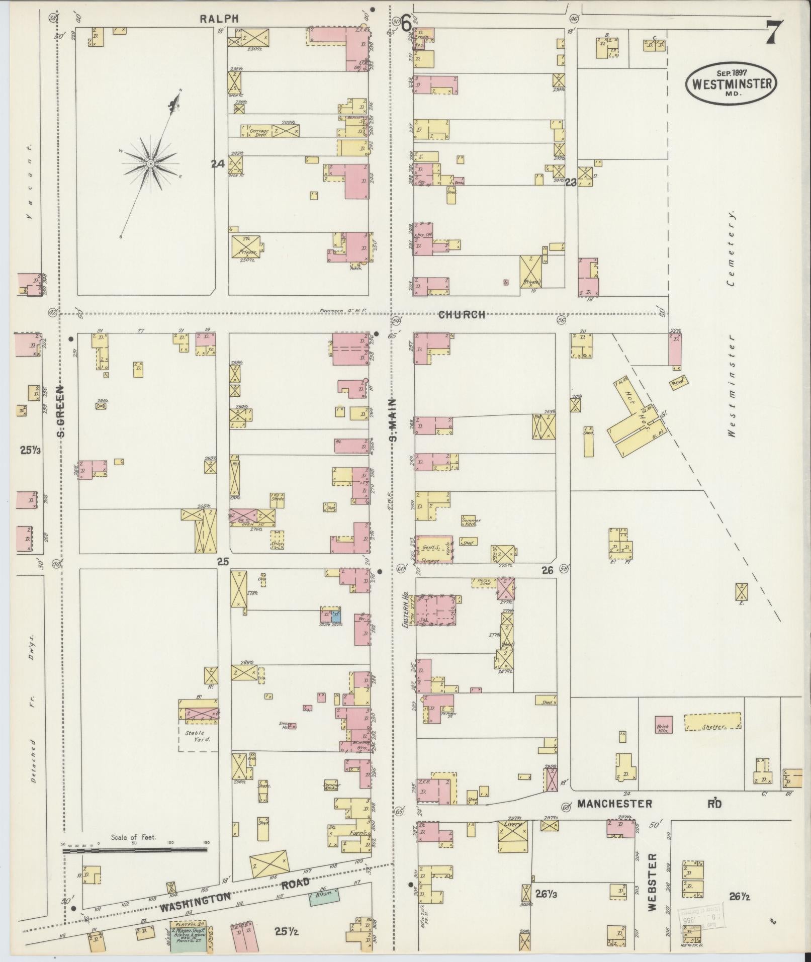 Sanborn Fire Insurance Map from Westminster, Carroll County, Maryland (1897), Sheet #0007 - Complete Map Set gallery image, historic Sanborn map, vintage wall art, Maryland Maryland