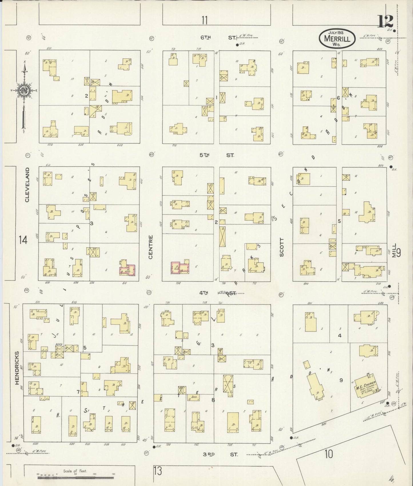 Sanborn Fire Insurance Map from Merrill, Lincoln County, Wisconsin (1913), Sheet #0012 - Historic Sanborn Fire Insurance Map Print, vintage old map wall art, antique decor, genealogy gift, Wisconsin Wisconsin map