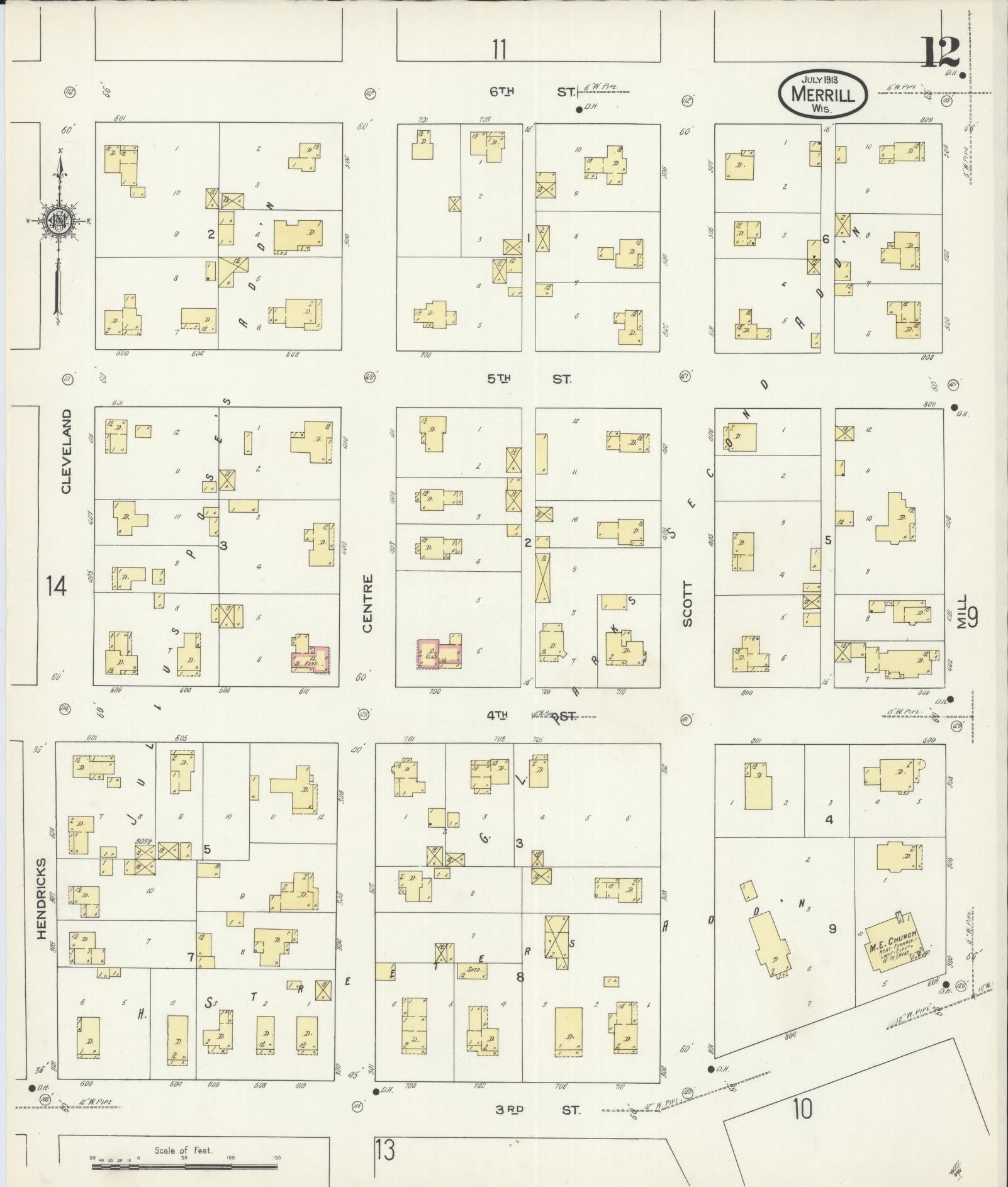 Sanborn Fire Insurance Map from Merrill, Lincoln County, Wisconsin (1913), Sheet #0012 - Historic Sanborn Fire Insurance Map Print, vintage old map wall art, antique decor, genealogy gift, Wisconsin Wisconsin map