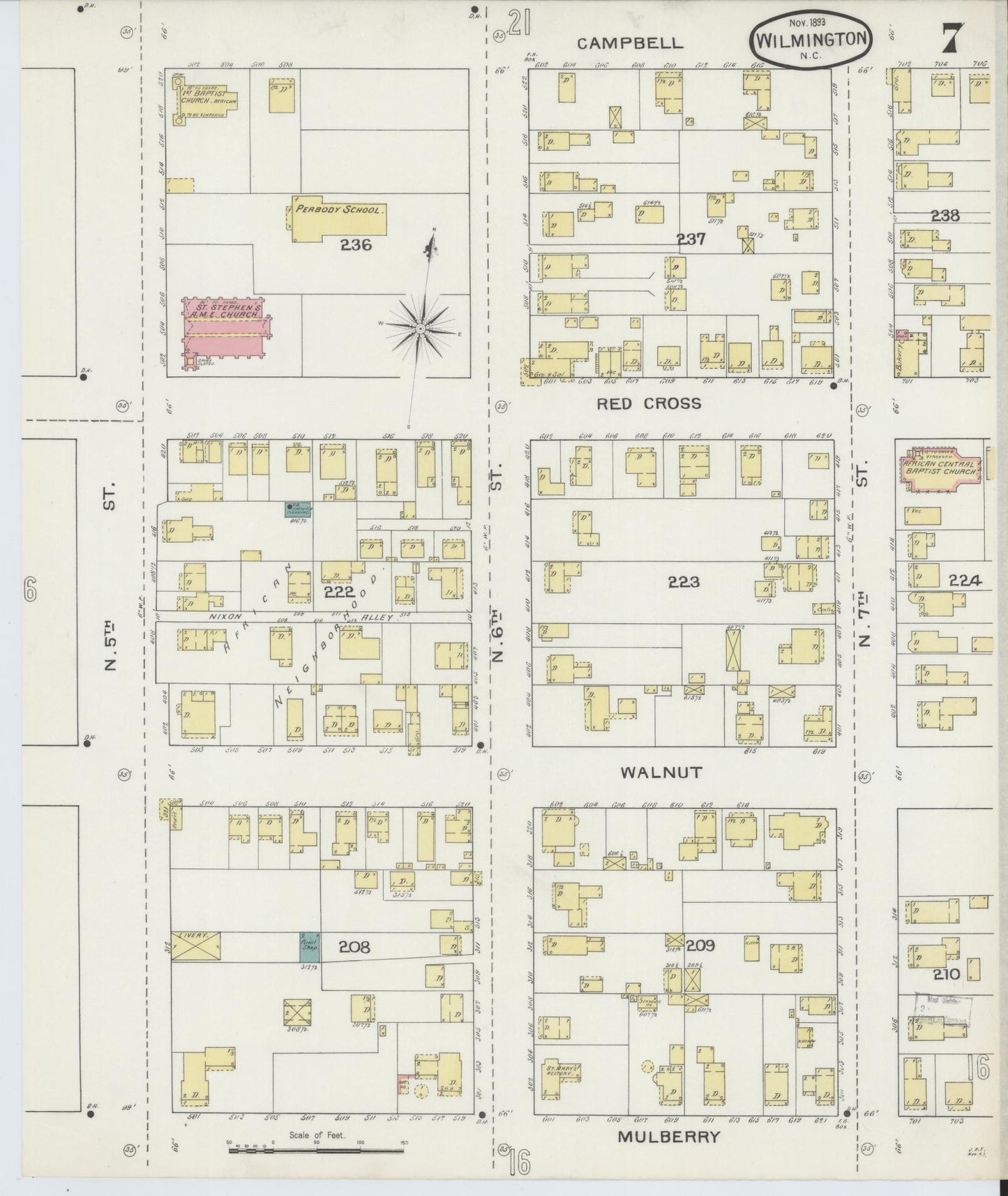 Sanborn Fire Insurance Map from Wilmington, New Hanover County, North Carolina (1893), Sheet #0007 - Complete Map Set gallery image, historic Sanborn map, vintage wall art, North Carolina North Carolina