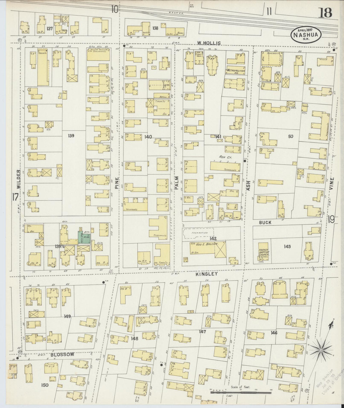 Sanborn Fire Insurance Map from Nashua, Hillsborough County, New Hampshire (1897), Sheet #0018 - Historic Sanborn Fire Insurance Map Print, vintage old map wall art, antique decor, genealogy gift, New Hampshire New Hampshire map