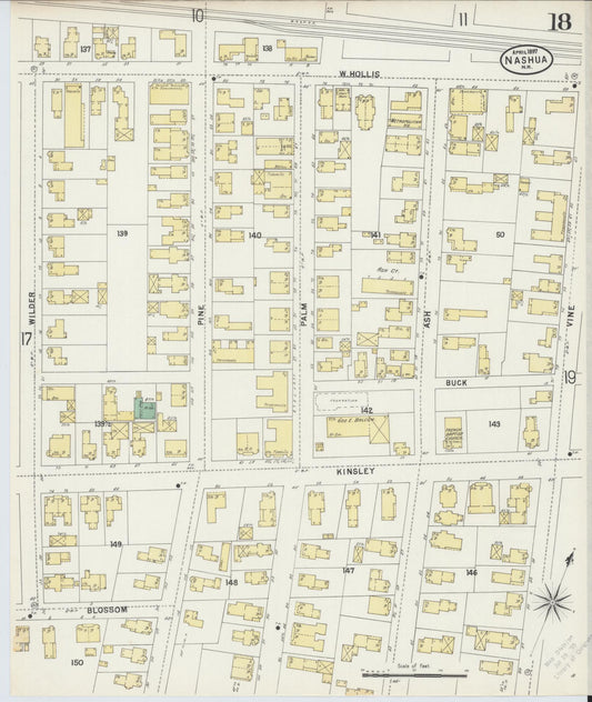 Sanborn Fire Insurance Map from Nashua, Hillsborough County, New Hampshire (1897), Sheet #0018 - Historic Sanborn Fire Insurance Map Print, vintage old map wall art, antique decor, genealogy gift, New Hampshire New Hampshire map