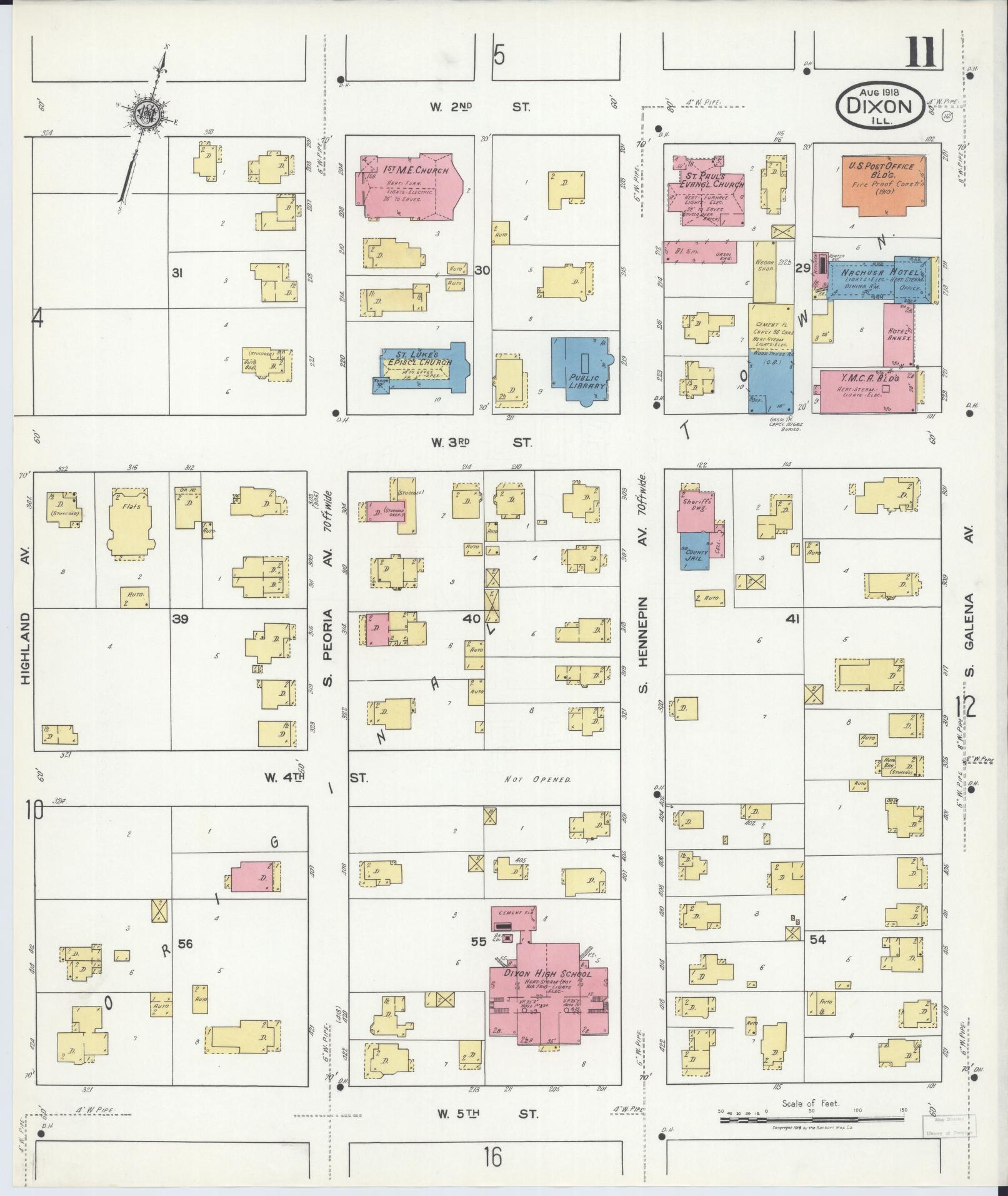 Sanborn Fire Insurance Map from Dixon, Lee County, Illinois (1918), Sheet #0011 - Complete Map Set gallery image, historic Sanborn map, vintage wall art, Illinois Illinois