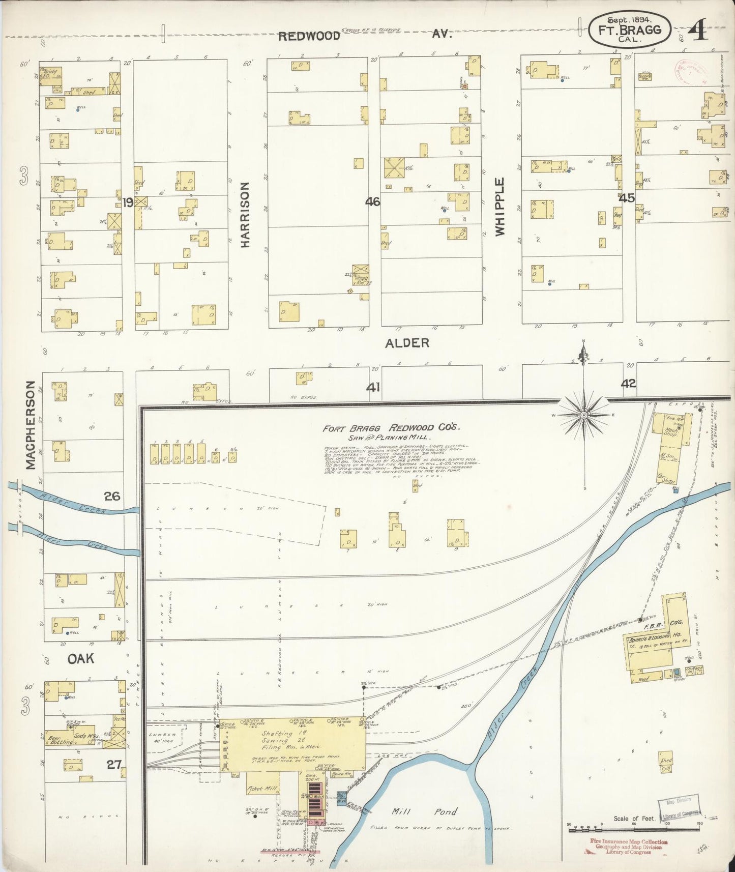 Sanborn Fire Insurance Map from Fort Bragg, Mendocino County, California (1894), Sheet #0004 - Historic Sanborn Fire Insurance Map Print, vintage old map wall art, antique decor, genealogy gift, California California map