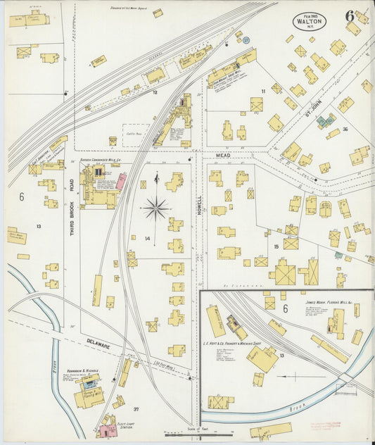 Sanborn Fire Insurance Map from Walton, Delaware County, New York (1903), Sheet #0006 - Historic Sanborn Fire Insurance Map Print, vintage old map wall art, antique decor, genealogy gift, Walton Delaware map