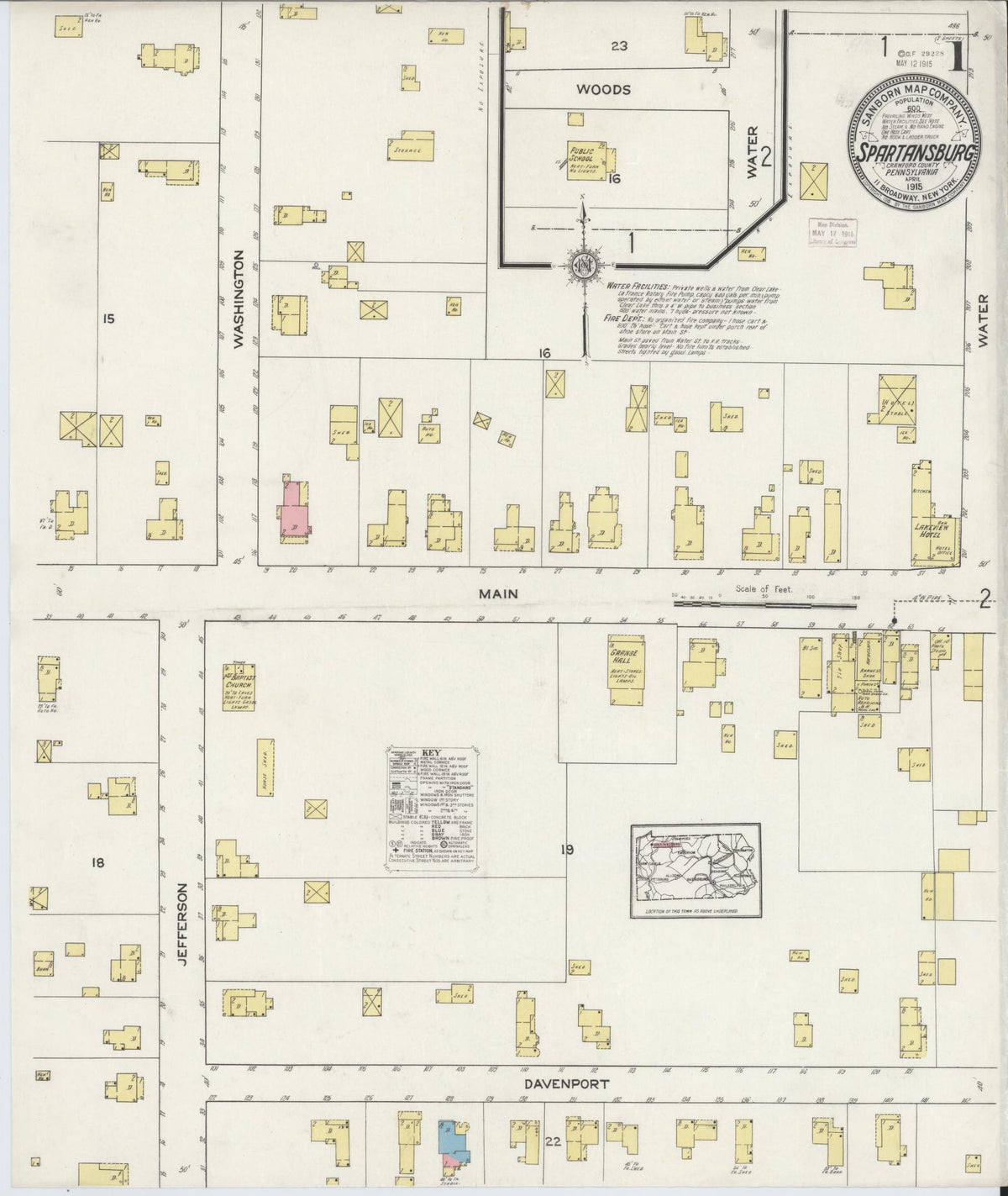 Sanborn Fire Insurance Map from Spartansburg, Crawford County, Pennsylvania (1915), Sheet #0001 - Historic Sanborn Fire Insurance Map Print, vintage old map wall art, antique decor, genealogy gift, Pennsylvania Pennsylvania map