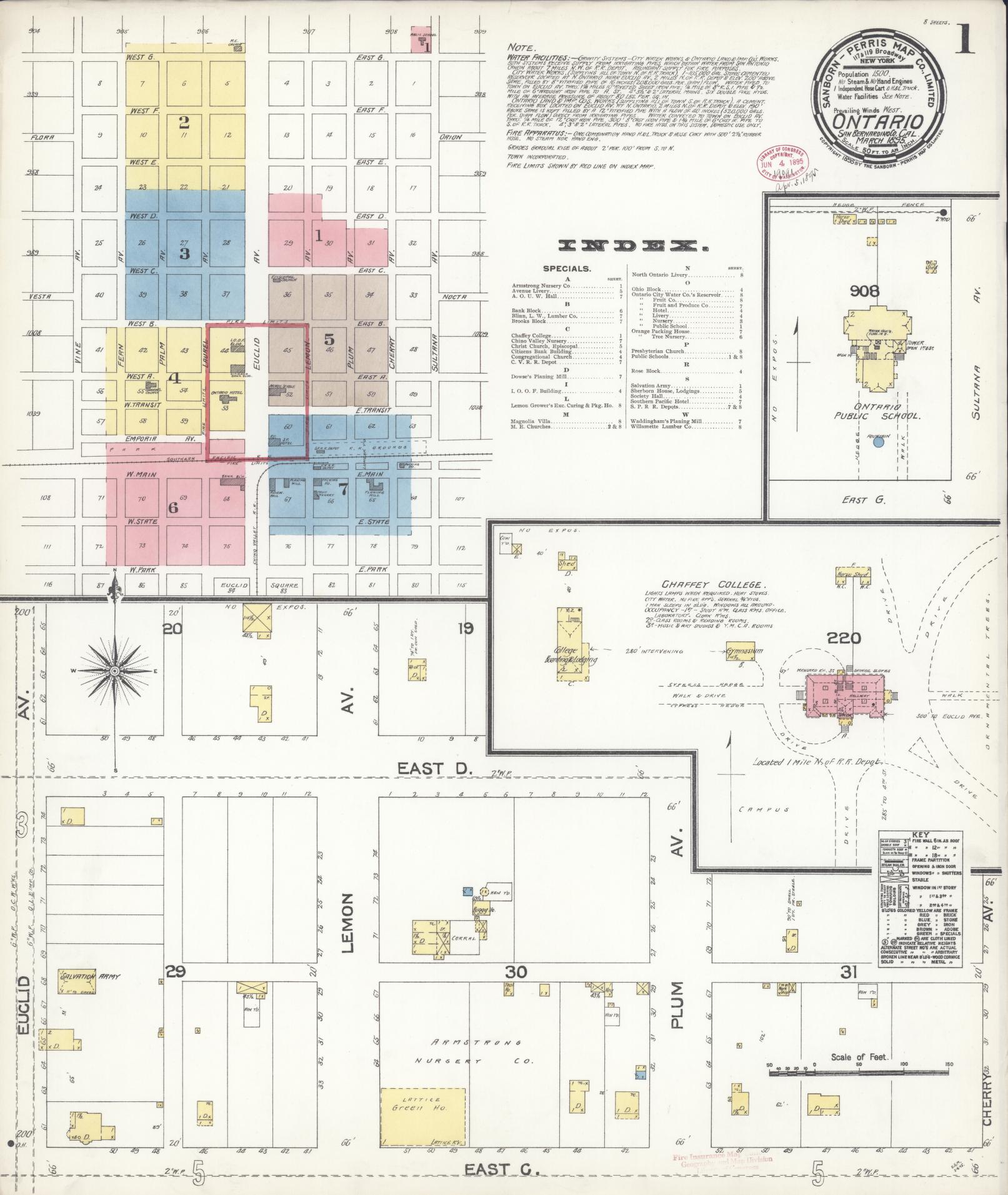 Sanborn Fire Insurance Map from Ontario, San Bernardino County, California (1895), Sheet #0001 - Historic Sanborn Fire Insurance Map Print, vintage old map wall art, antique decor, genealogy gift, California California map
