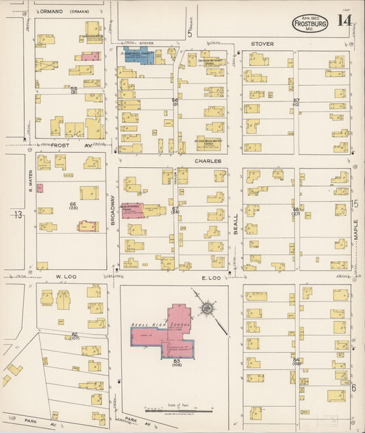 Sanborn Fire Insurance Map from Frostburg, Allegany County, Maryland (1922), Sheet #0014 - Historic Sanborn Fire Insurance Map Print, vintage old map wall art