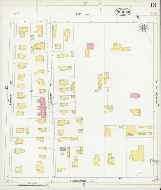 Sanborn Fire Insurance Map from Pittsfield, Berkshire County, Massachusetts (1900), Sheet #0013 - Historic Sanborn Fire Insurance Map Print, vintage old map wall art, antique decor, genealogy gift, Massachusetts Massachusetts map