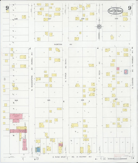 Sanborn Fire Insurance Map from East Detroit, Macomb County, Michigan (1931), Sheet #0009 - Historic Sanborn Fire Insurance Map Print, vintage old map wall art, antique decor, genealogy gift, Michigan Michigan map