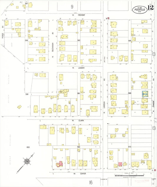Sanborn Fire Insurance Map from Pocatello, Bannock County, Idaho (1921), Sheet #0012 - Historic Sanborn Fire Insurance Map Print, vintage old map wall art, antique decor, genealogy gift, Idaho Idaho map