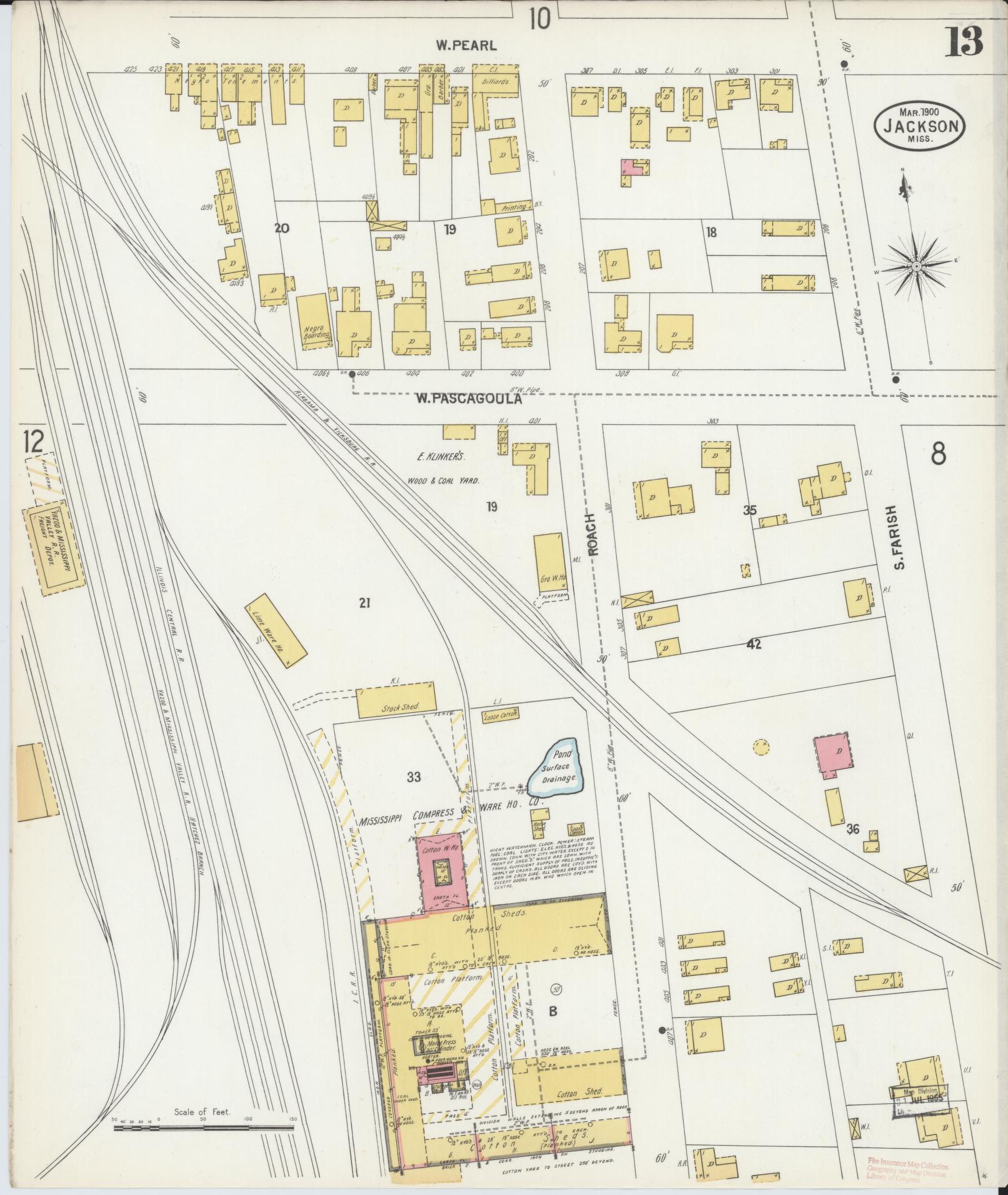 Sanborn Fire Insurance Map from Jackson, Hinds County, Mississippi (1900), Sheet #0013 - Historic Sanborn Fire Insurance Map Print, vintage old map wall art, antique decor, genealogy gift, Mississippi Mississippi map