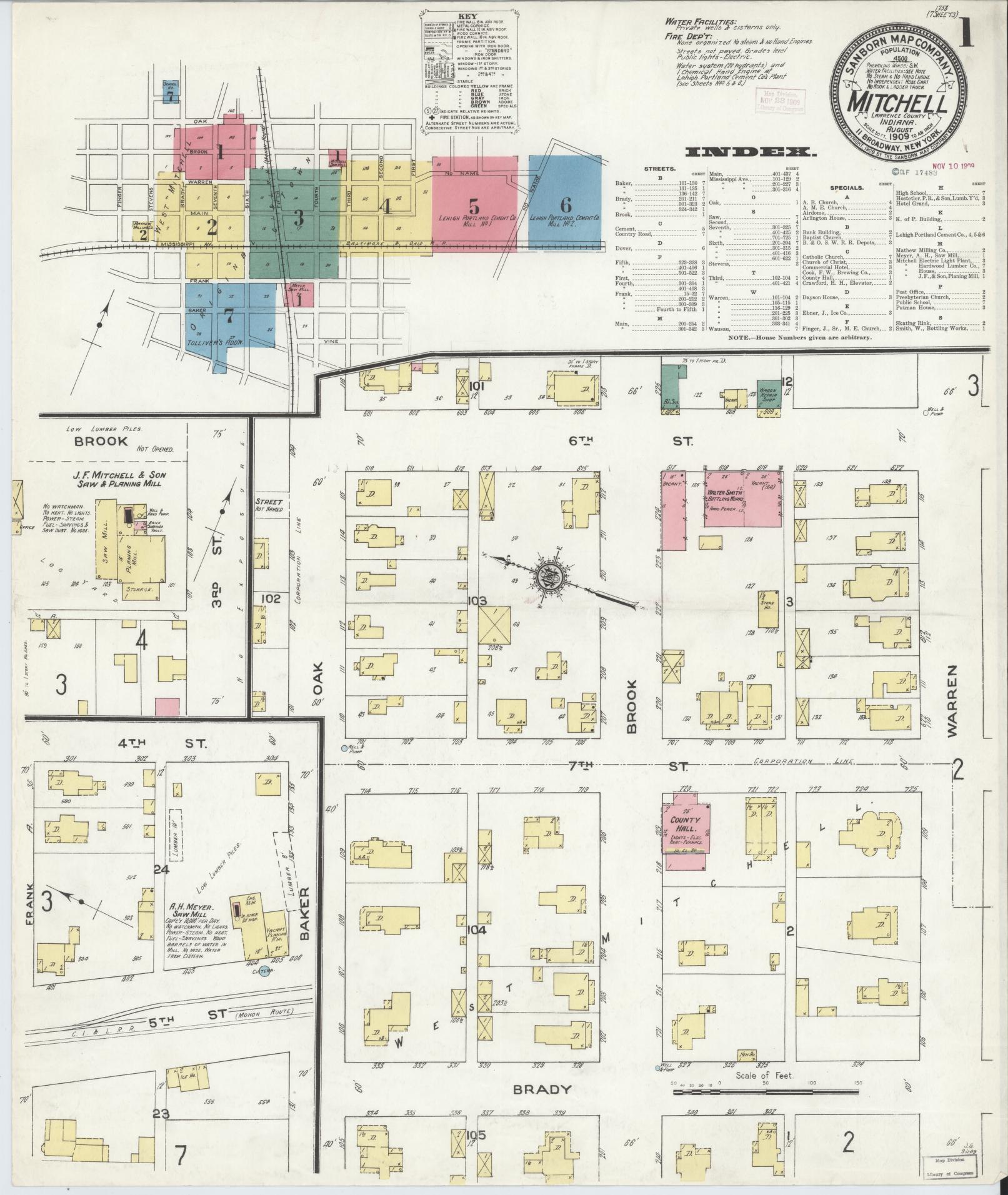 Sanborn Fire Insurance Map from Mitchell, Lawrence County, Indiana (1909), Sheet #0001 - Complete Map Set gallery image, historic Sanborn map, vintage wall art, Indiana Indiana