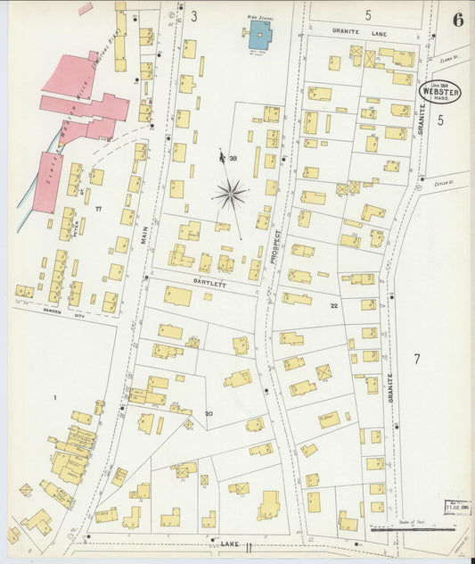 Sanborn Fire Insurance Map from Webster, Worcester County, Massachusetts (1904), Sheet #0006 - Historic Sanborn Fire Insurance Map Print, vintage old map wall art, antique decor, genealogy gift, Massachusetts Massachusetts map