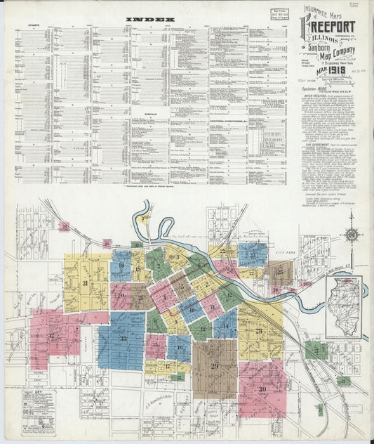 Sanborn Fire Insurance Map from Freeport, Stephenson County, Illinois (1918), Sheet #0001 - Complete Map Set gallery image, historic Sanborn map, vintage wall art, Illinois Illinois