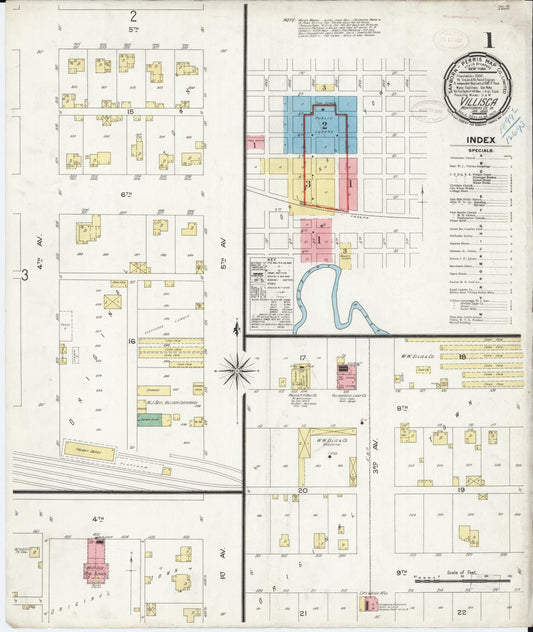 Sanborn Fire Insurance Map from Villisca, Montgomery County, Iowa (1899), Sheet #0001 - Historic Sanborn Fire Insurance Map Print, vintage old map wall art
