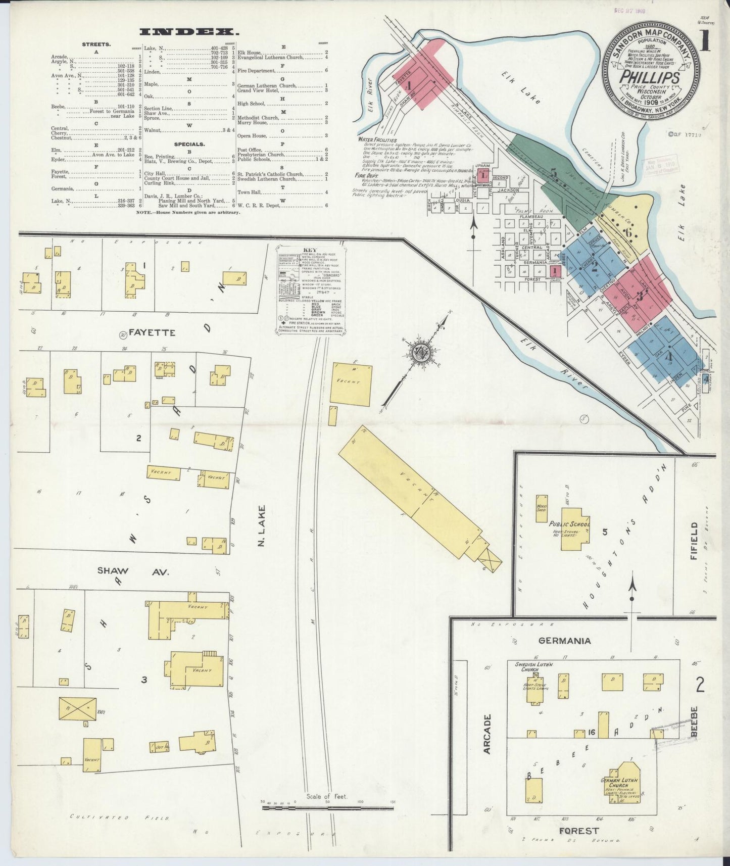 Sanborn Fire Insurance Map from Phillips, Price County, Wisconsin (1909), Sheet #0001 - Historic Sanborn Fire Insurance Map Print, vintage old map wall art, antique decor, genealogy gift, Wisconsin Wisconsin map