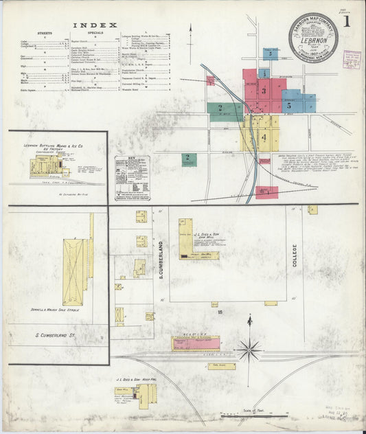 Sanborn Fire Insurance Map from Lebanon, Wilson County, Tennessee (1907), Sheet #0001 - Complete Map Set gallery image, historic Sanborn map, vintage wall art, Tennessee Tennessee
