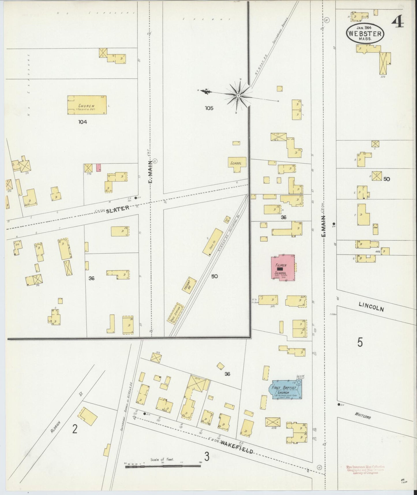 Sanborn Fire Insurance Map from Webster, Worcester County, Massachusetts (1904), Sheet #0004 - Historic Sanborn Fire Insurance Map Print, vintage old map wall art, antique decor, genealogy gift, Massachusetts Massachusetts map