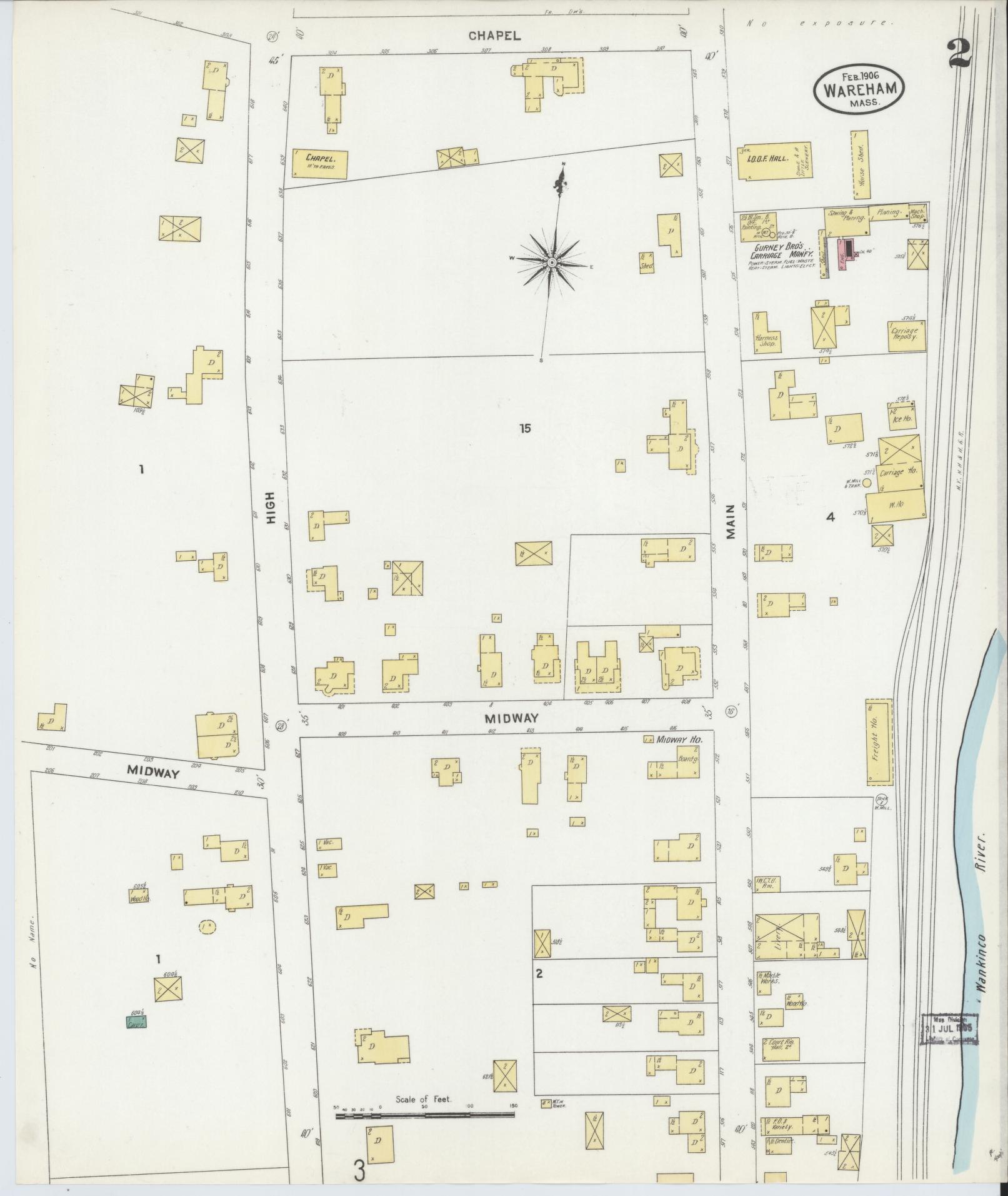 Sanborn Fire Insurance Map from Wareham, Plymouth County, Massachusetts (1906), Sheet #0002 - Historic Sanborn Fire Insurance Map Print, vintage old map wall art, antique decor, genealogy gift, Massachusetts Massachusetts map