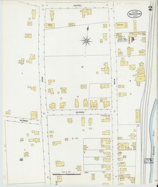 Sanborn Fire Insurance Map from Wareham, Plymouth County, Massachusetts (1906), Sheet #0002 - Historic Sanborn Fire Insurance Map Print, vintage old map wall art, antique decor, genealogy gift, Massachusetts Massachusetts map