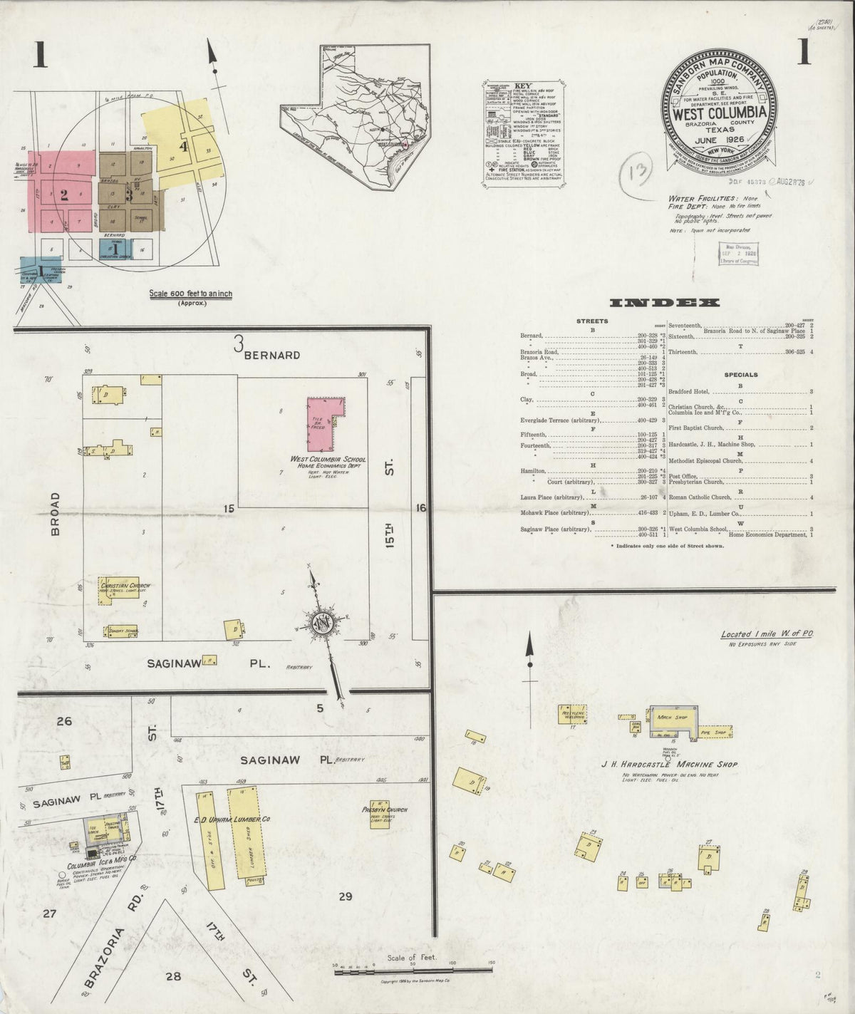 Sanborn Fire Insurance Map from West Columbia, Brazoria County, Texas (1926), Sheet #0001 - Complete Map Set gallery image, historic Sanborn map, vintage wall art, Texas Texas