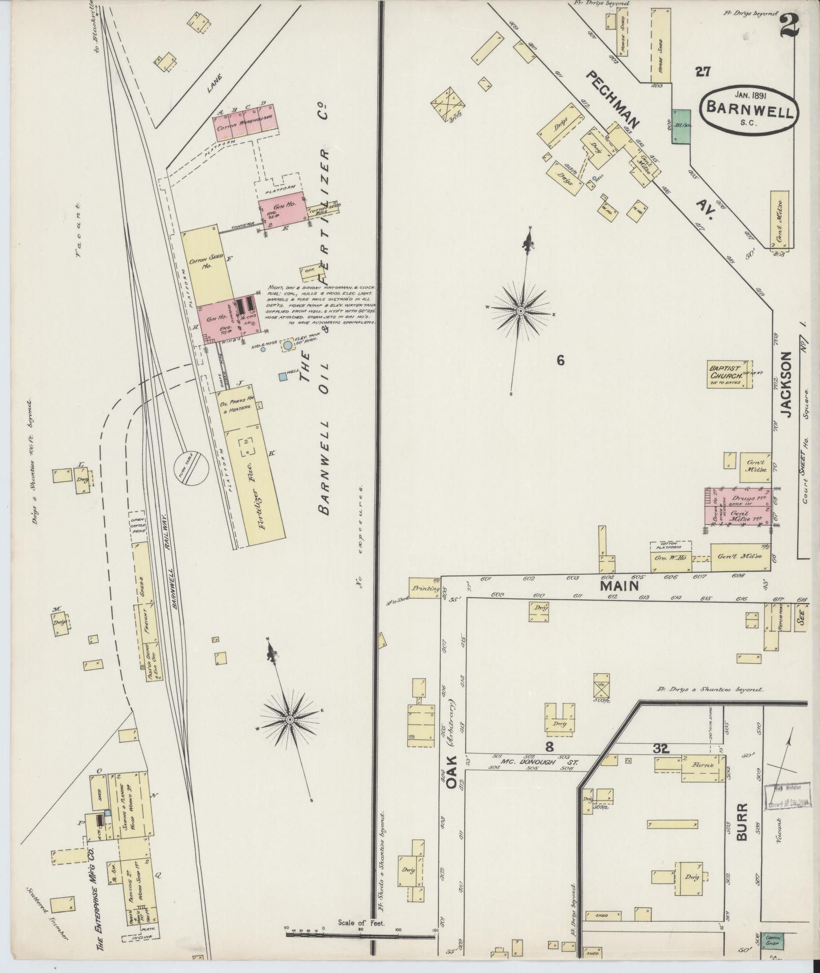 Sanborn Fire Insurance Map from Barnwell, Barnwell County, South Carolina (1891), Sheet #0002 - Historic Sanborn Fire Insurance Map Print, vintage old map wall art, antique decor, genealogy gift, South Carolina South Carolina map