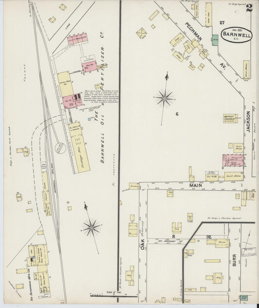 Sanborn Fire Insurance Map from Barnwell, Barnwell County, South Carolina (1891), Sheet #0002 - Historic Sanborn Fire Insurance Map Print, vintage old map wall art, antique decor, genealogy gift, South Carolina South Carolina map