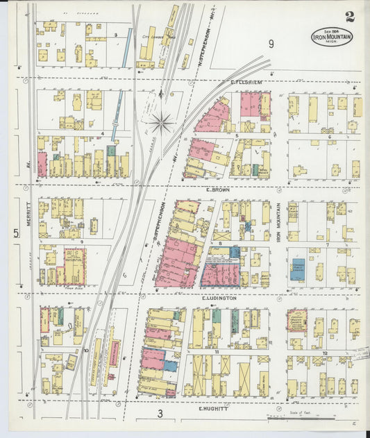 Sanborn Fire Insurance Map from Iron Mountain, Dickinson County, Michigan (1904), Sheet #0002 - Historic Sanborn Fire Insurance Map Print, vintage old map wall art, antique decor, genealogy gift, Michigan Michigan map