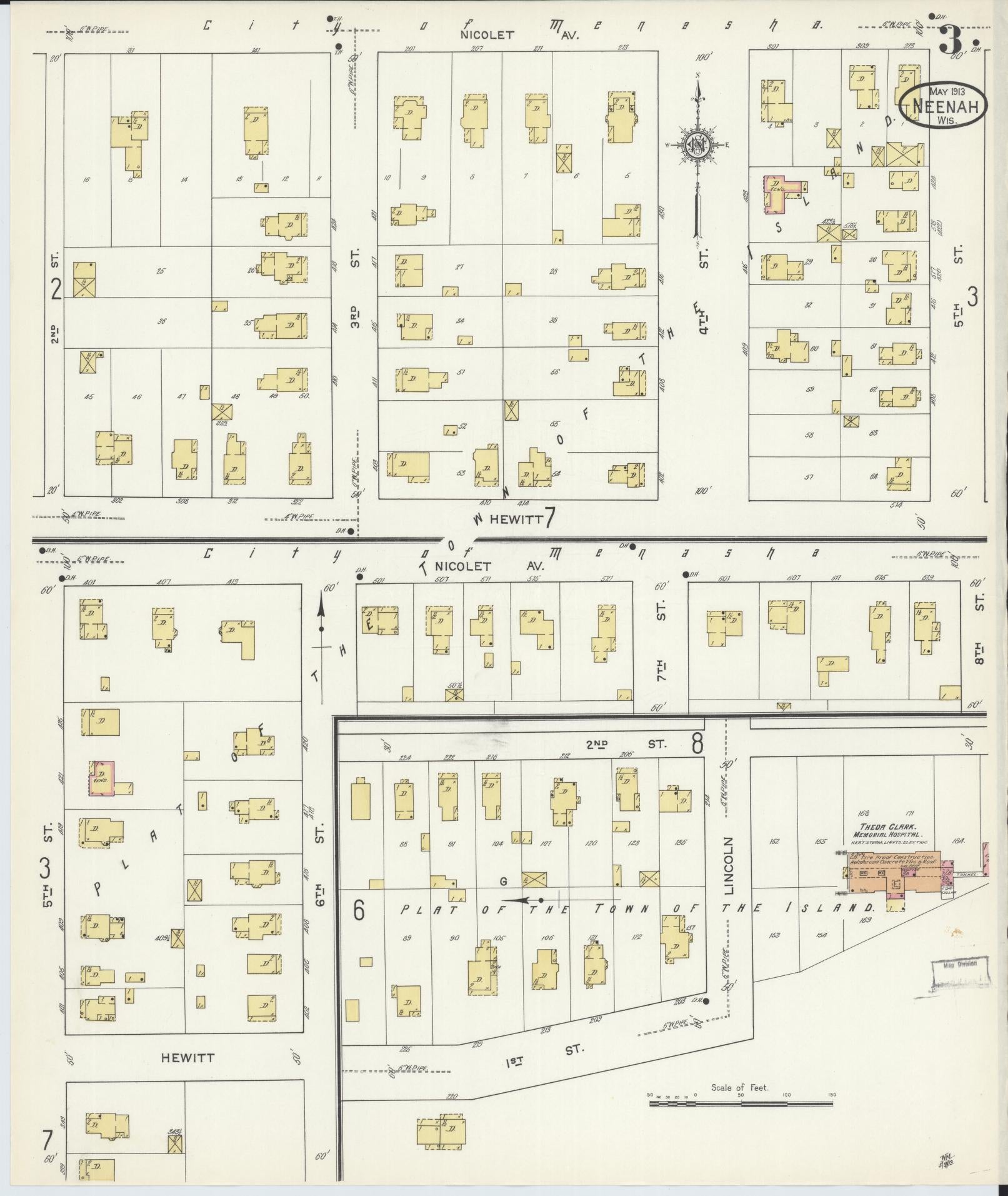 Sanborn Fire Insurance Map from Neenah, Winnebago County, Wisconsin (1913), Sheet #0003 - Historic Sanborn Fire Insurance Map Print, vintage old map wall art, antique decor, genealogy gift, Wisconsin Wisconsin map