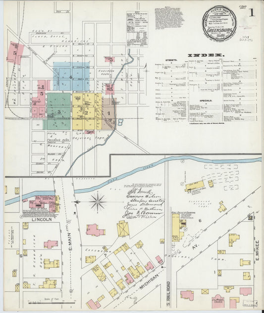 Sanborn Fire Insurance Map from Greensburg, Decatur County, Indiana (1897), Sheet #0001 - Complete Map Set gallery image, historic Sanborn map, vintage wall art, Indiana Indiana