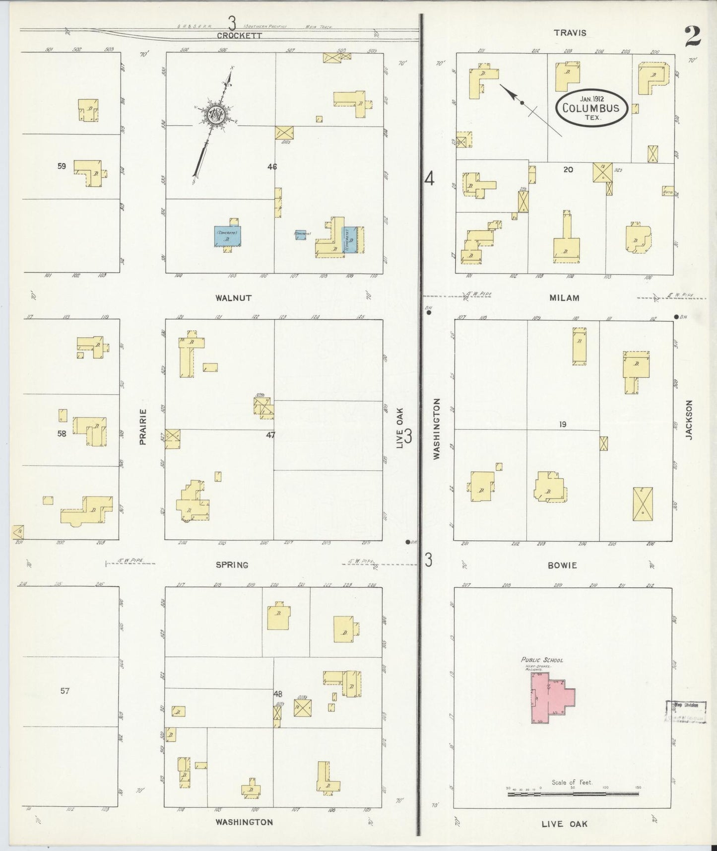 Sanborn Fire Insurance Map from Columbus, Colorado County, Texas (1912), Sheet #0002 - Historic Sanborn Fire Insurance Map Print, vintage old map wall art, antique decor, genealogy gift, Texas Texas map