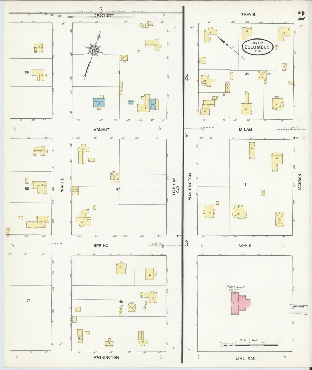 Sanborn Fire Insurance Map from Columbus, Colorado County, Texas (1912), Sheet #0002 - Historic Sanborn Fire Insurance Map Print, vintage old map wall art, antique decor, genealogy gift, Texas Texas map