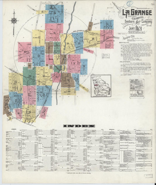 Sanborn Fire Insurance Map from La Grange, Troup County, Georgia (1921), Sheet #0001 - Historic Sanborn Fire Insurance Map Print, vintage old map wall art, antique decor, genealogy gift, Georgia Georgia map
