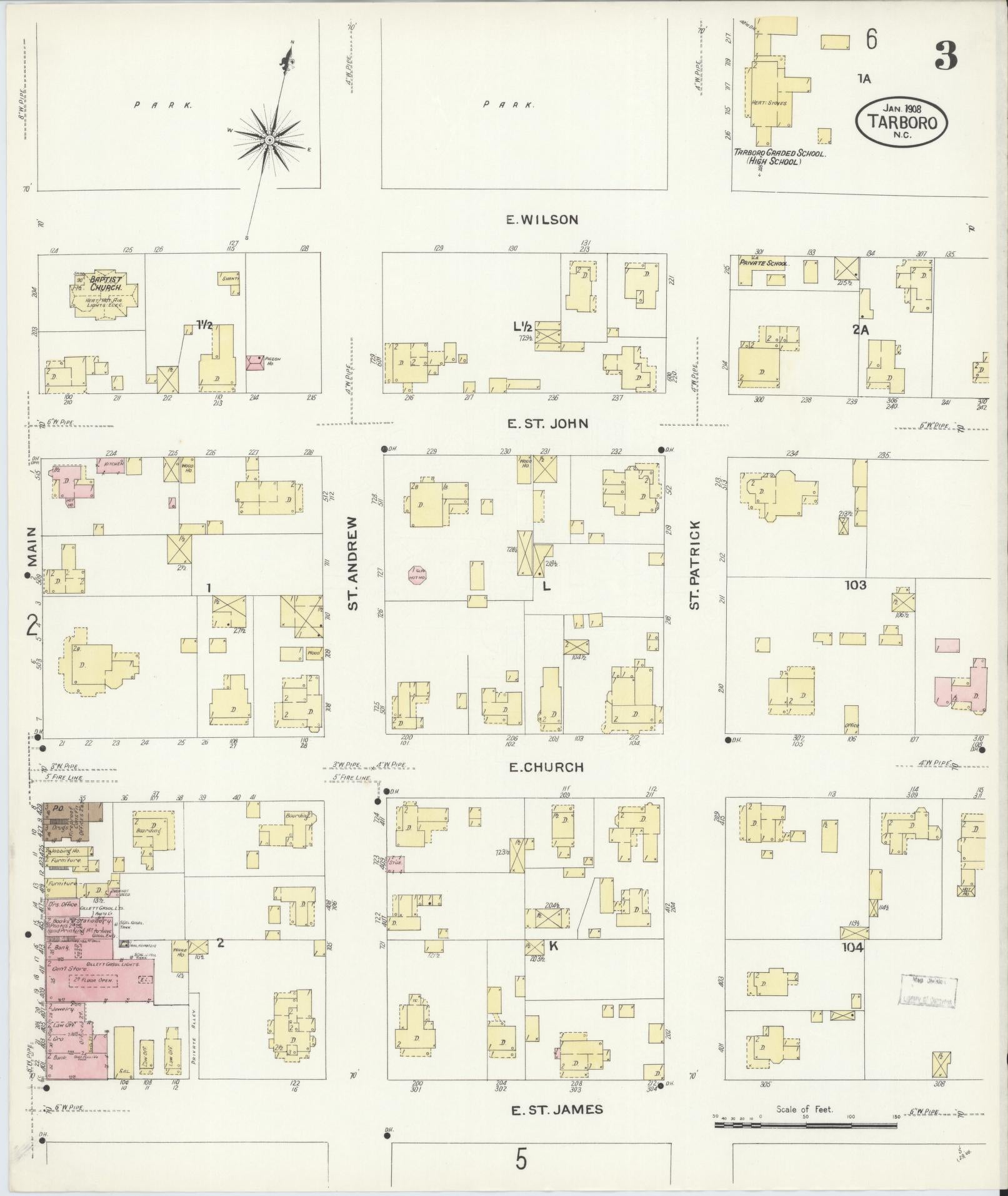 Sanborn Fire Insurance Map from Tarboro, Edgecombe County, North Carolina (1908), Sheet #0003 - Complete Map Set gallery image, historic Sanborn map, vintage wall art, North Carolina North Carolina
