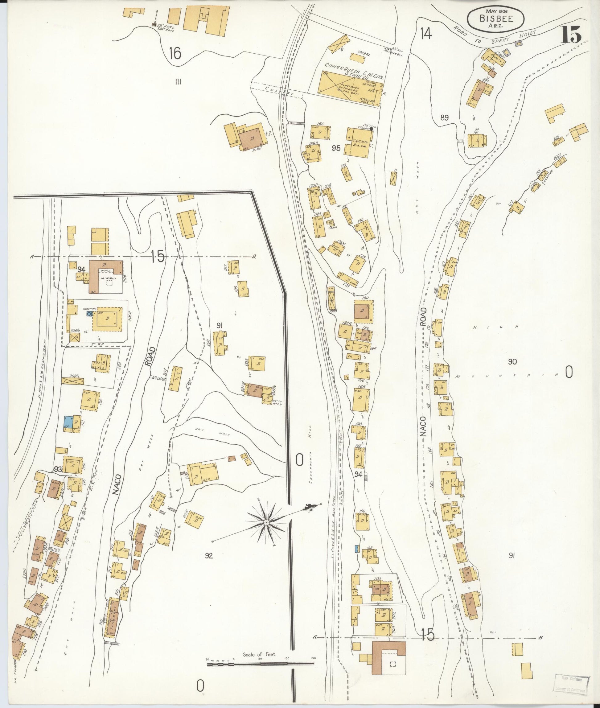 Sanborn Fire Insurance Map from Bisbee, Cochise County, Arizona (1906), Sheet #0015 - Historic Sanborn Fire Insurance Map Print, vintage old map wall art, antique decor, genealogy gift, Arizona Arizona map