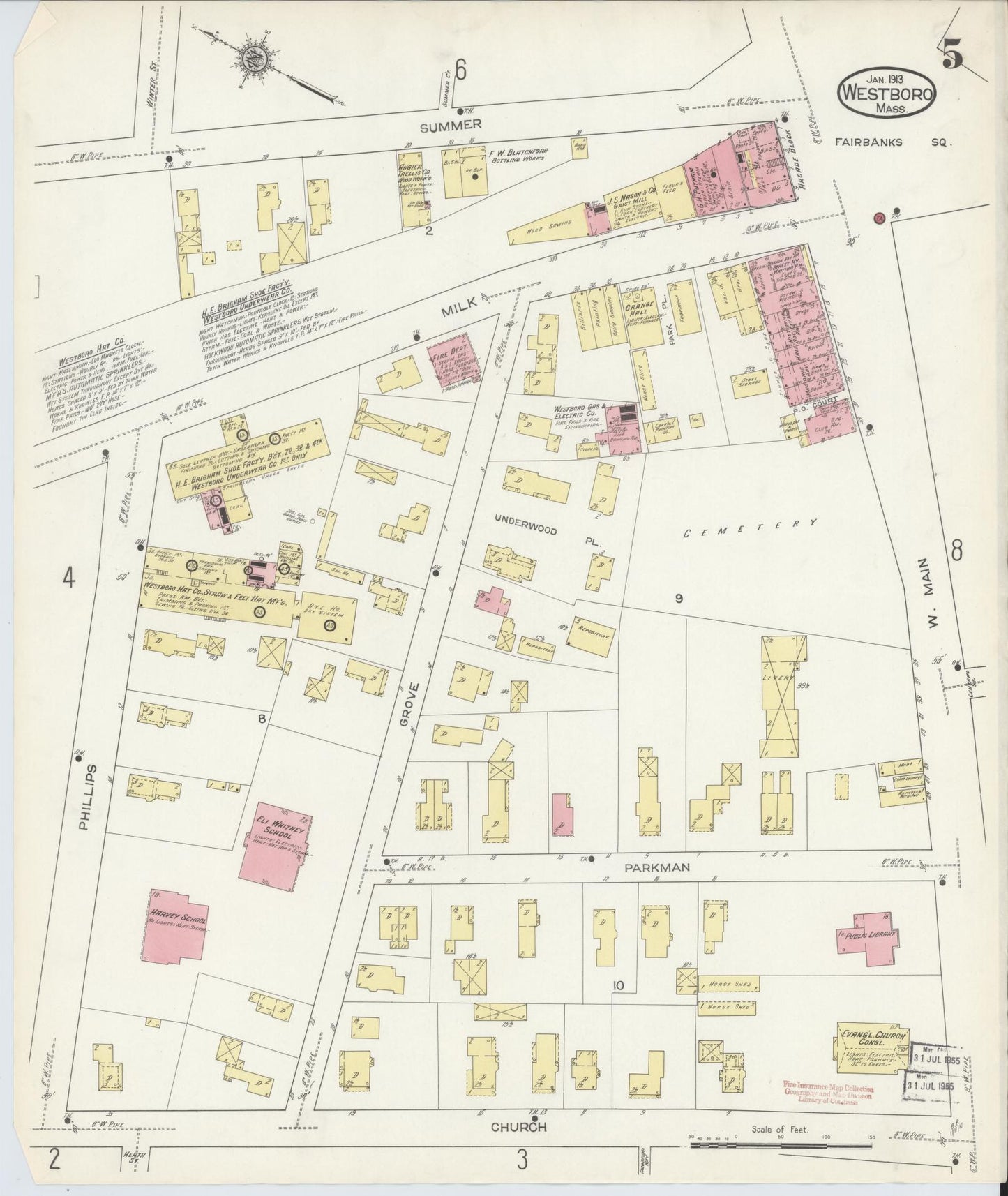 Sanborn Fire Insurance Map from Westboro, Worcester County, Massachusetts (1913), Sheet #0005 - Historic Sanborn Fire Insurance Map Print, vintage old map wall art, antique decor, genealogy gift, Massachusetts Massachusetts map