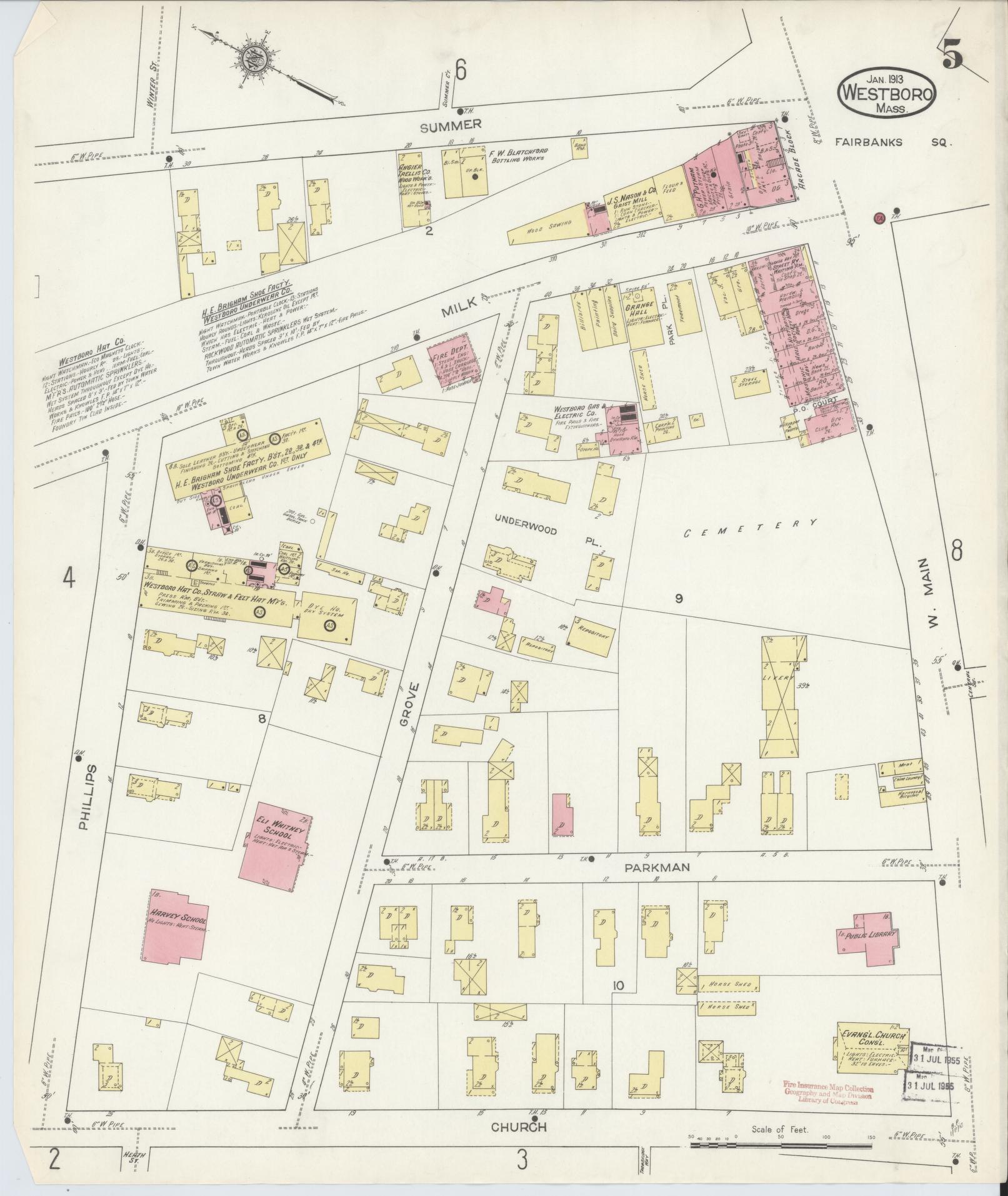 Sanborn Fire Insurance Map from Westboro, Worcester County, Massachusetts (1913), Sheet #0005 - Historic Sanborn Fire Insurance Map Print, vintage old map wall art, antique decor, genealogy gift, Massachusetts Massachusetts map