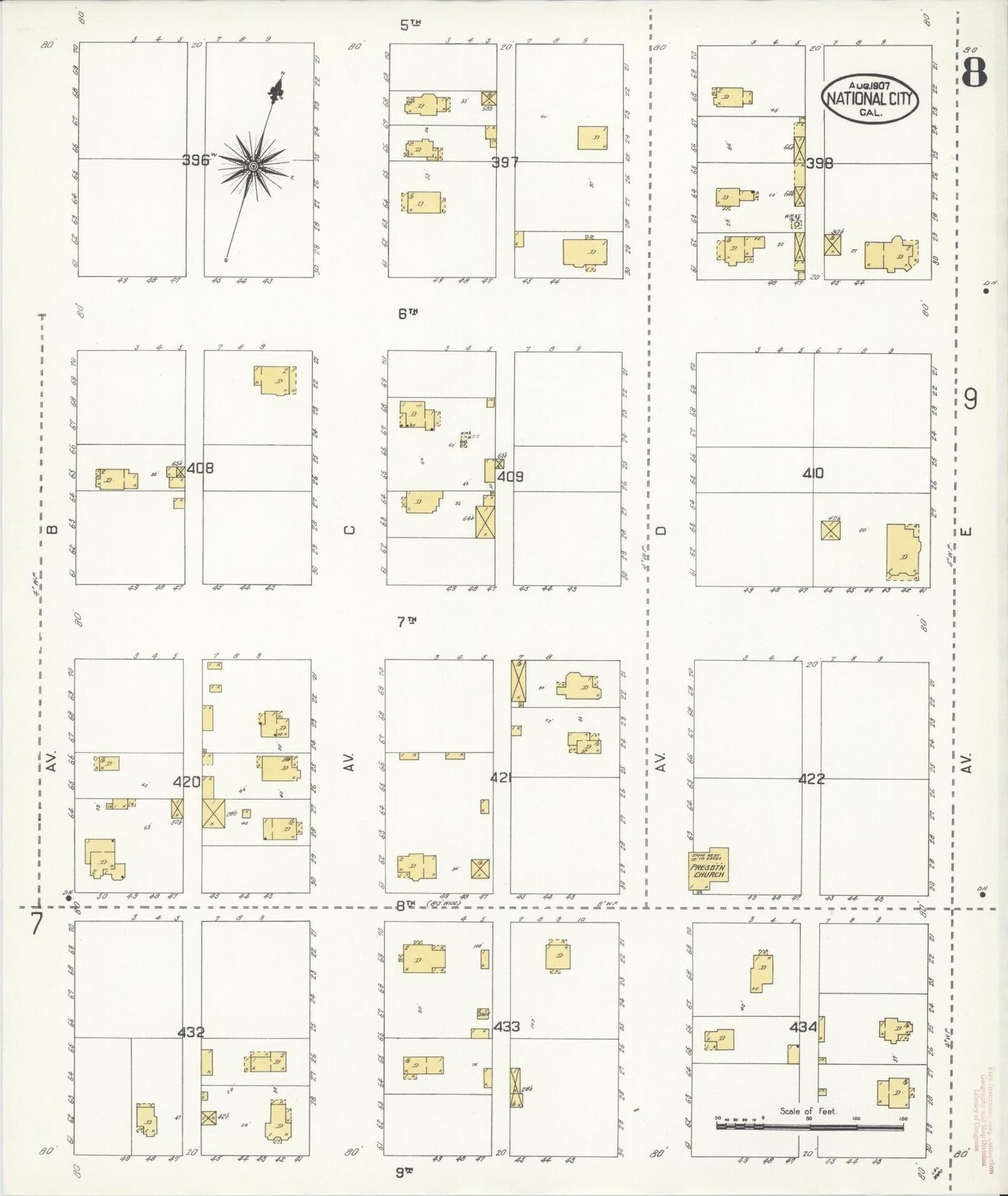 Sanborn Fire Insurance Map from National City, San Diego County, California (1907), Sheet #0008 - Complete Map Set gallery image, historic Sanborn map, vintage wall art, California California