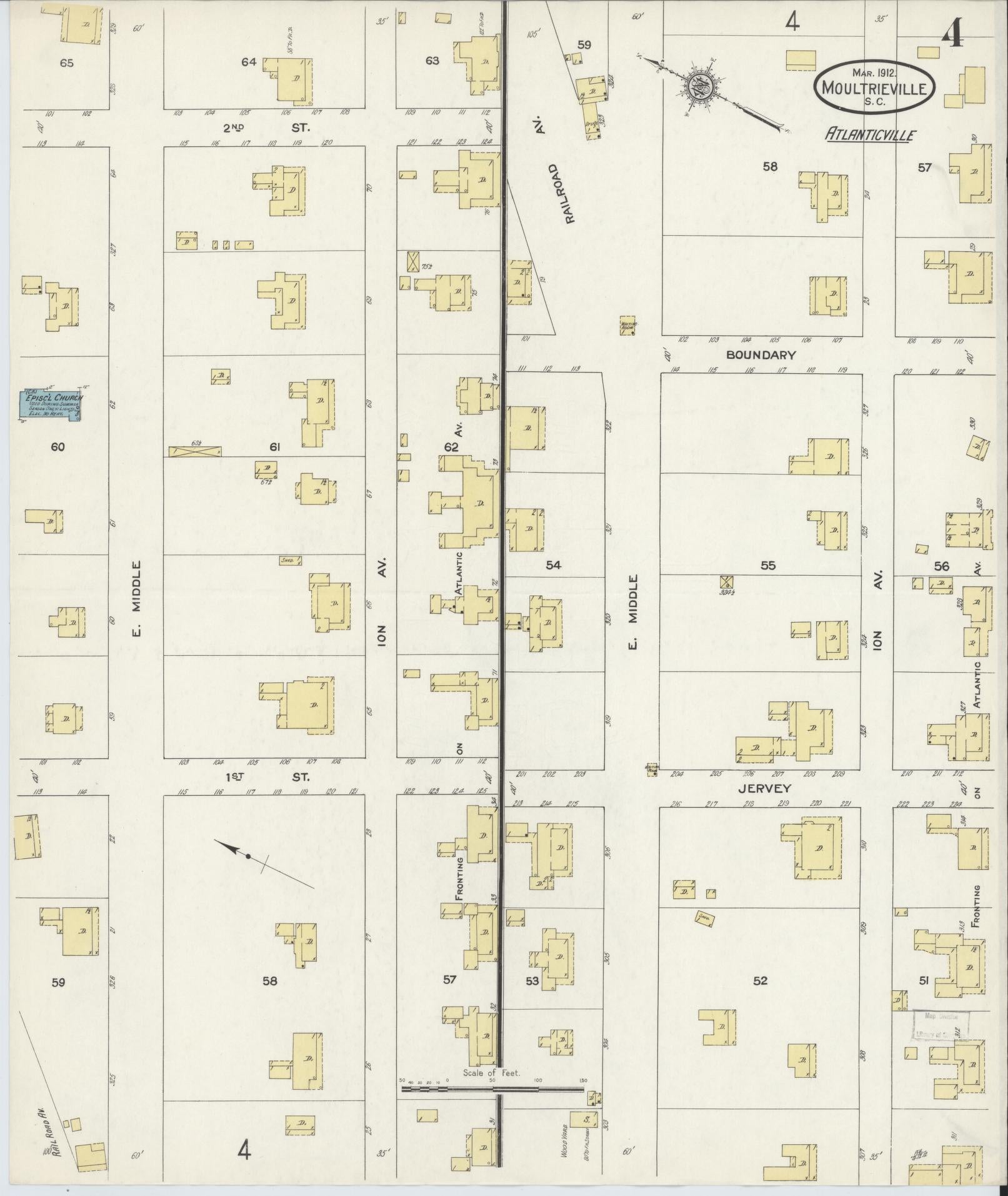 Sanborn Fire Insurance Map from Moultrieville, Charleston County, South Carolina (1912), Sheet #0004 - Historic Sanborn Fire Insurance Map Print, vintage old map wall art, antique decor, genealogy gift, South Carolina South Carolina map