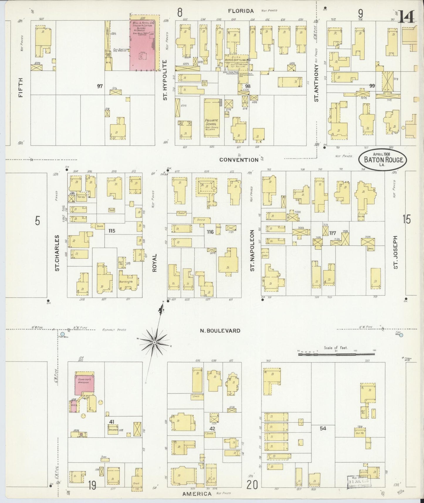 Sanborn Fire Insurance Map from Baton Rouge, East Baton Rouge Parish, Louisiana (1908), Sheet #0014 - Complete Map Set gallery image, historic Sanborn map, vintage wall art, Louisiana Louisiana