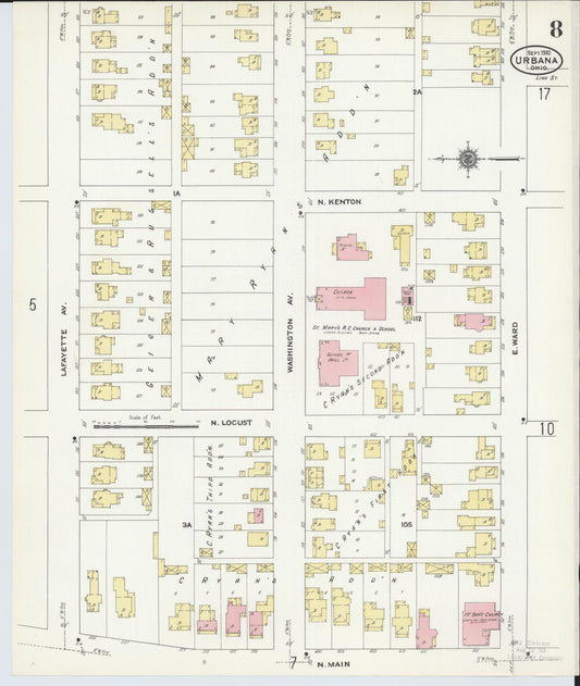 Sanborn Fire Insurance Map from Urbana, Champaign County, Ohio (1910), Sheet #0008 - Historic Sanborn Fire Insurance Map Print, vintage old map wall art, antique decor, genealogy gift, Ohio Ohio map