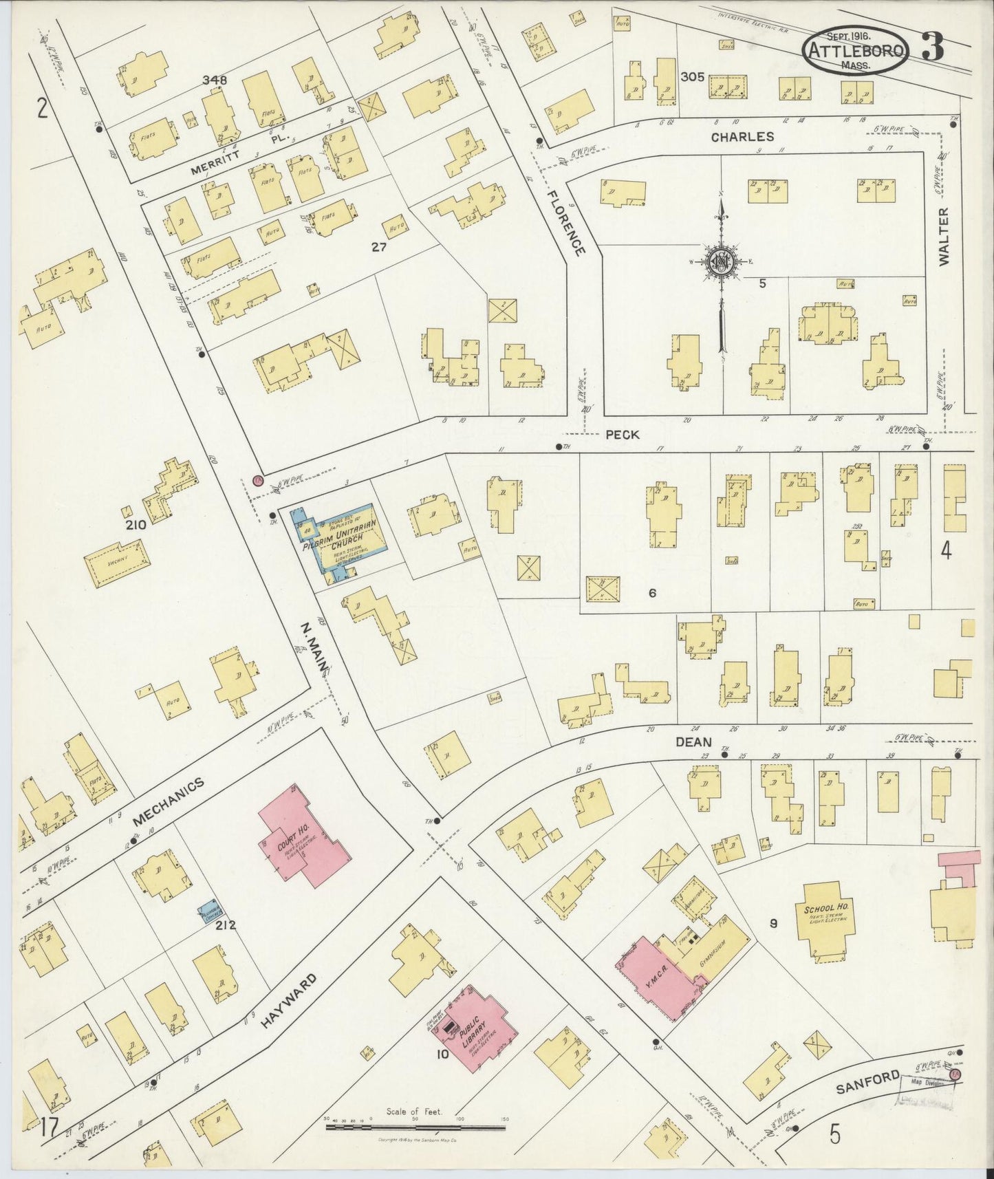 Sanborn Fire Insurance Map from Attleboro, Bristol County, Massachusetts (1916), Sheet #0003 - Historic Sanborn Fire Insurance Map Print, vintage old map wall art, antique decor, genealogy gift, Massachusetts Massachusetts map